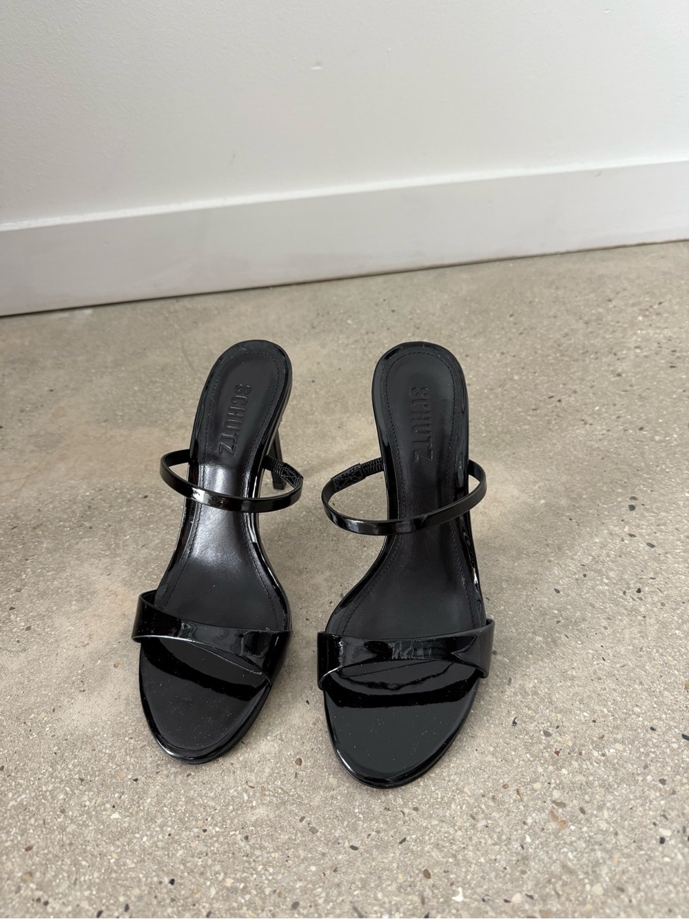SCHUTZ Black Patent Leather Double-Strap Slide Heels
